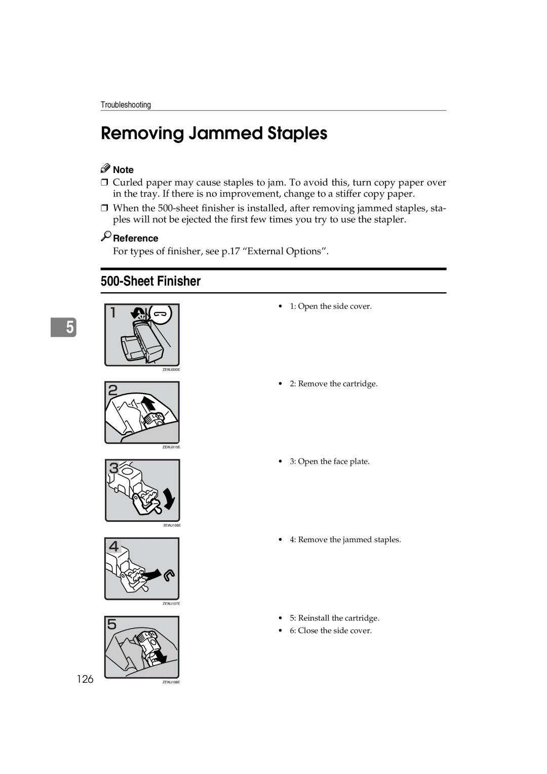 Ricoh DSm622, LD127, LD122, DSm627 specifications Removing Jammed Staples, 126 