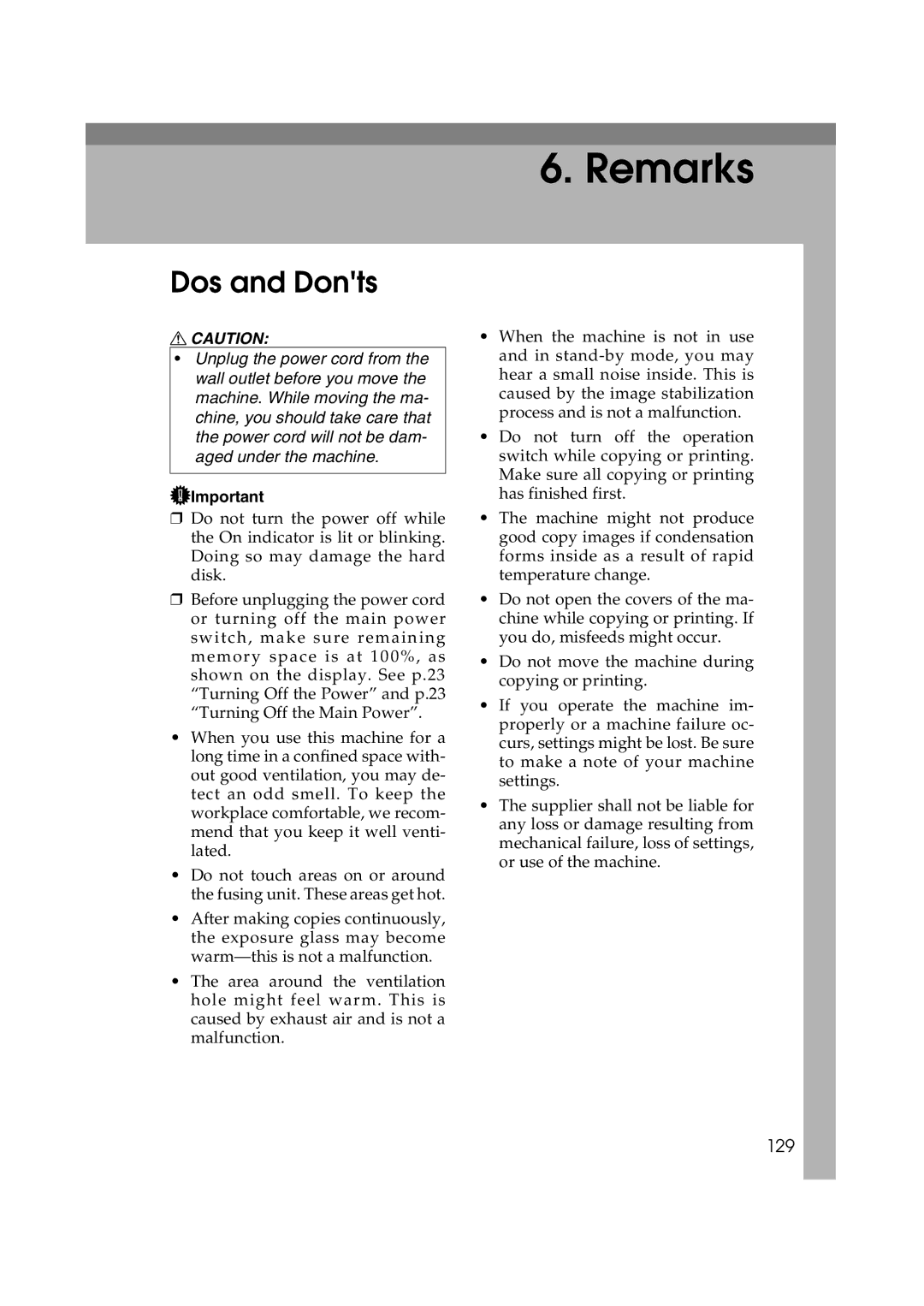 Ricoh LD122, LD127, DSm622, DSm627 specifications Dos and Donts, 129 