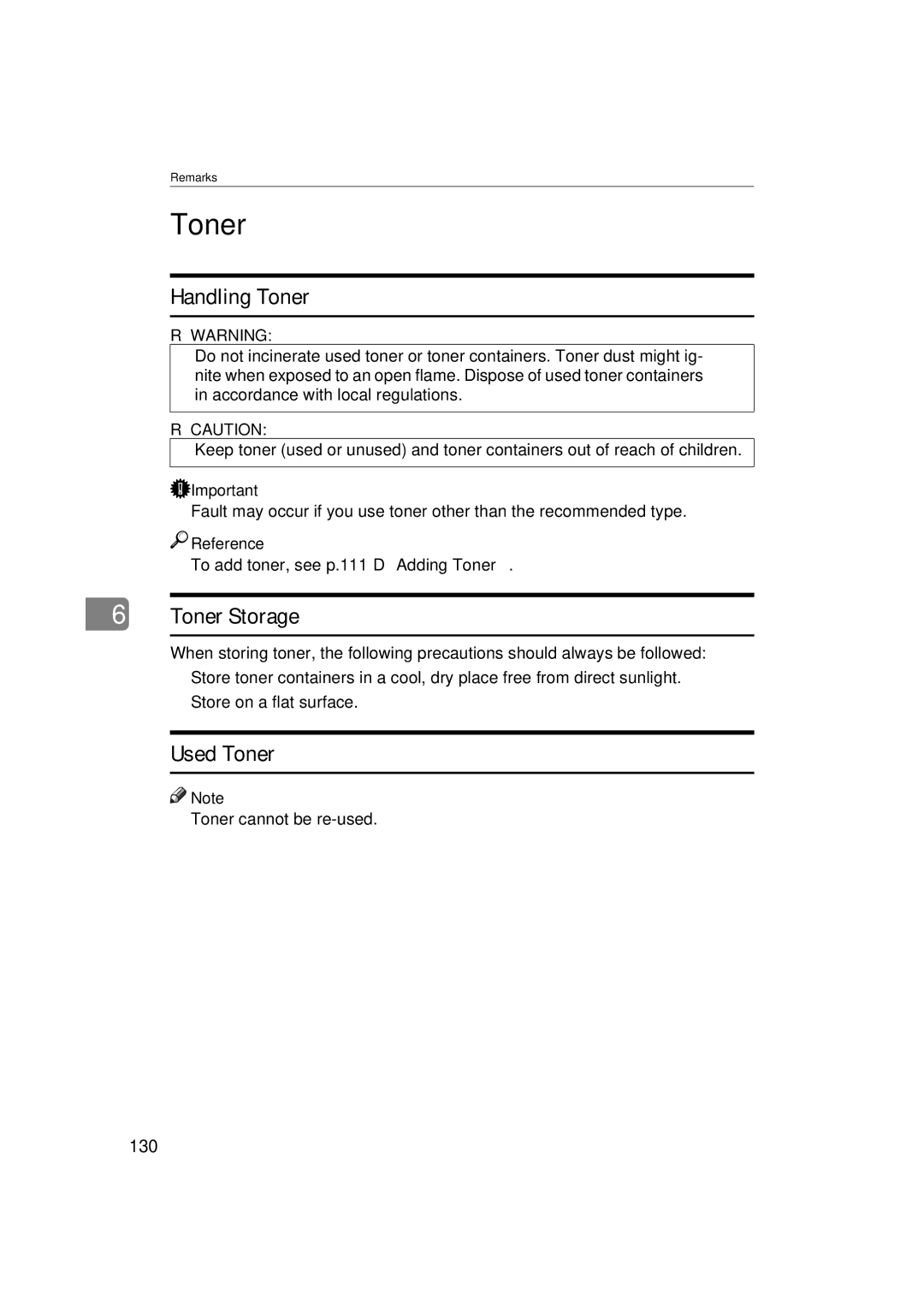 Ricoh DSm622, LD127, LD122, DSm627 specifications Handling Toner, Toner Storage, Used Toner, 130 