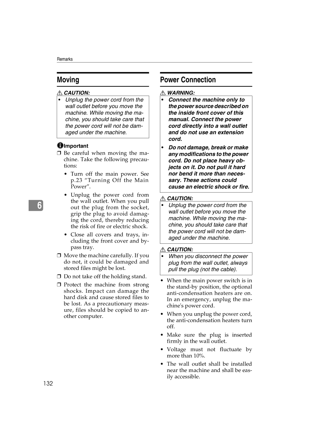 Ricoh LD127, LD122, DSm622, DSm627 specifications Moving Power Connection, 132 