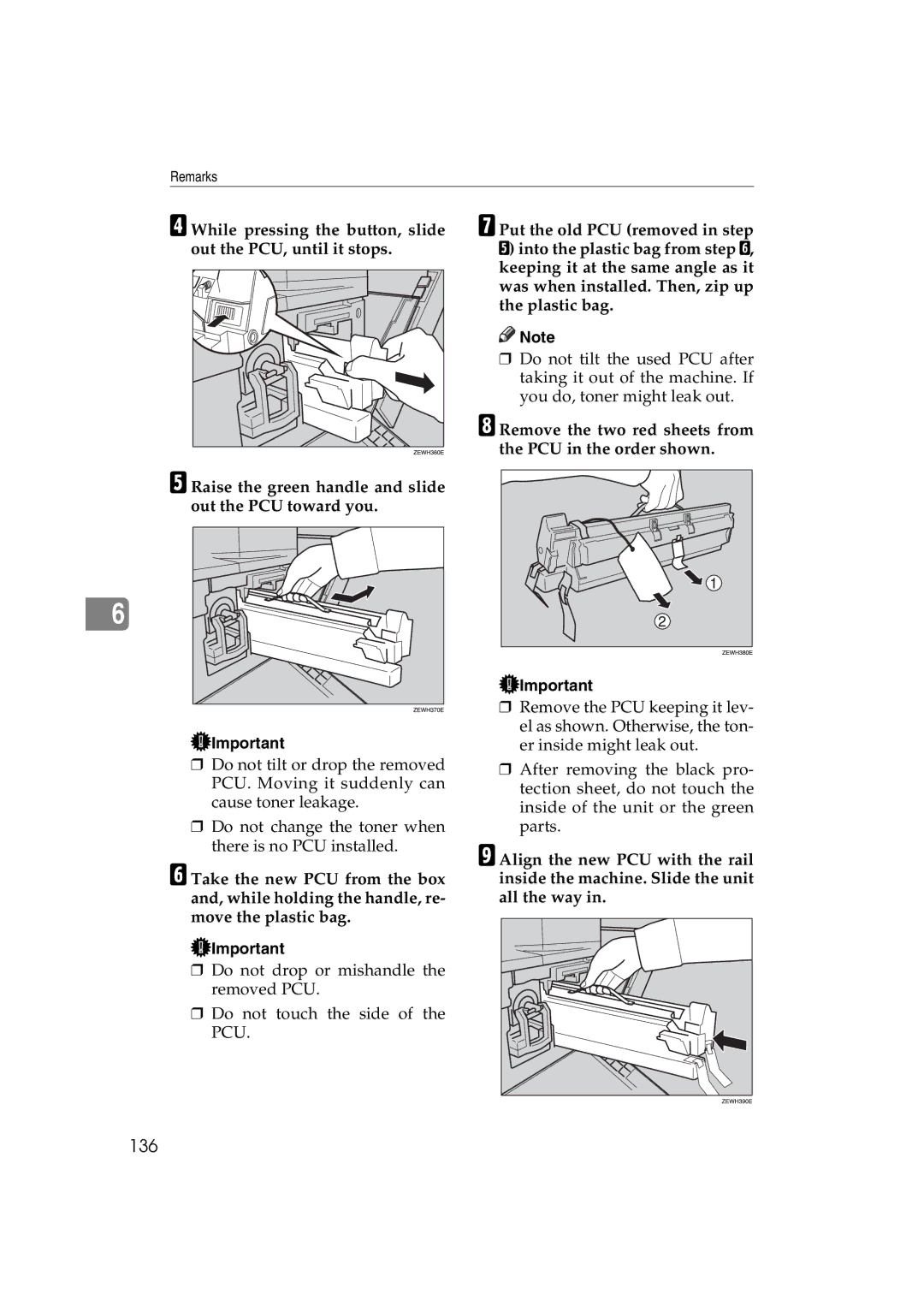 Ricoh LD127, LD122, DSm622, DSm627 specifications 136, Remove the two red sheets from the PCU in the order shown 