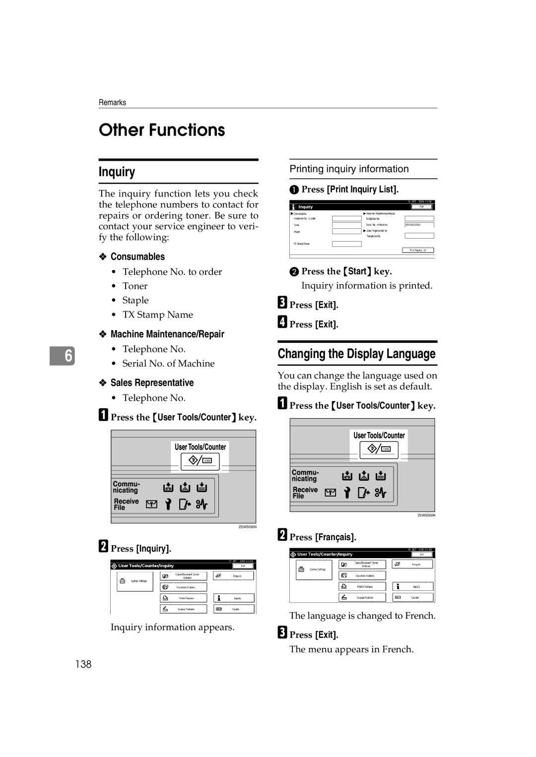 Ricoh DSm622, LD127, LD122, DSm627 specifications Other Functions, Inquiry, Changing the Display Language 