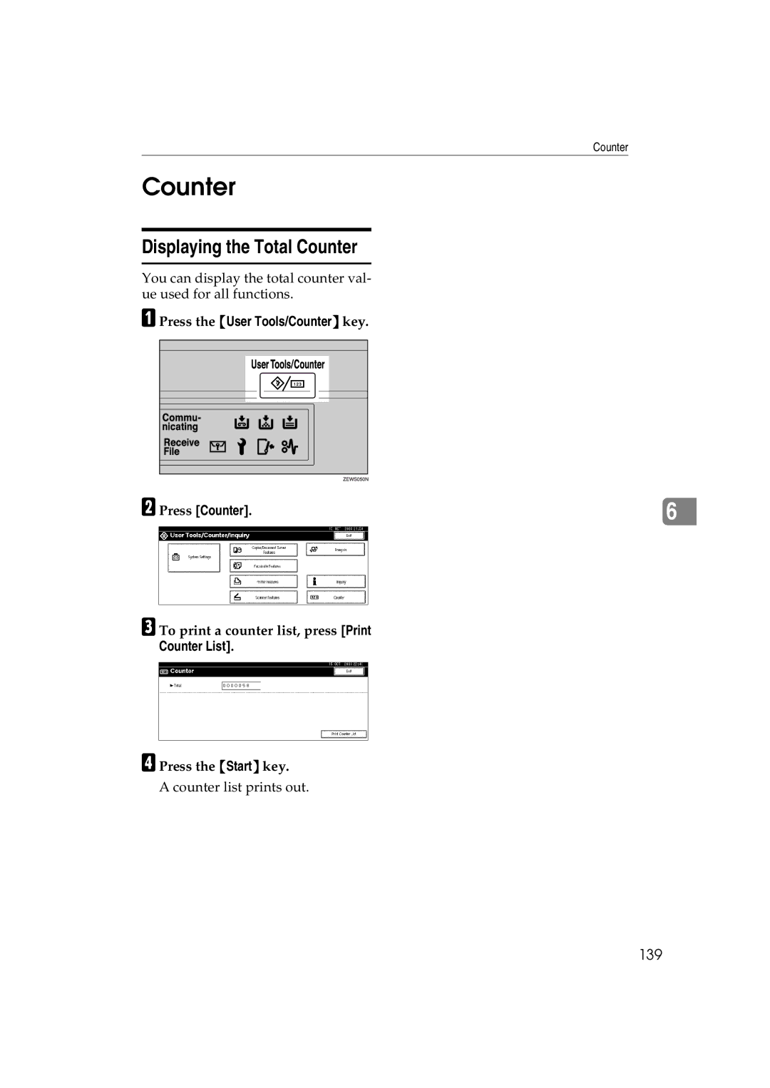 Ricoh DSm627, LD127 Displaying the Total Counter, 139, Press the User Tools/Counter key Press Counter, Counter List 