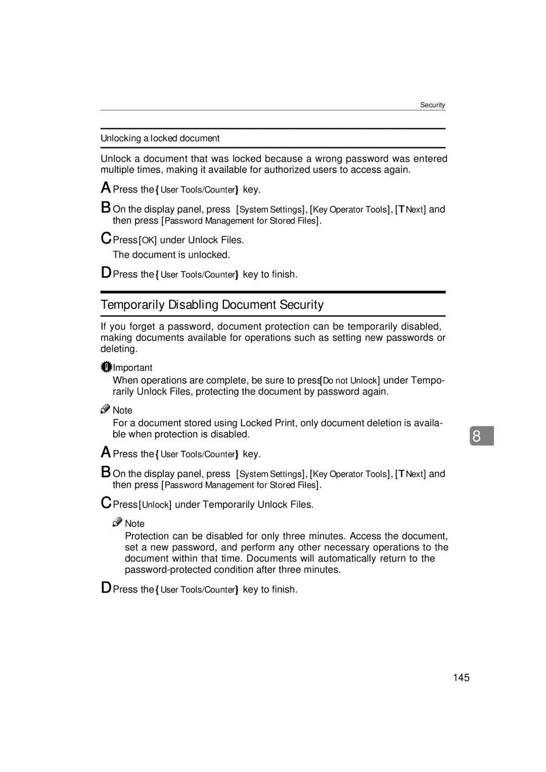 Ricoh LD122, LD127 Temporarily Disabling Document Security, Unlocking a locked document, 145, Press OK under Unlock Files 