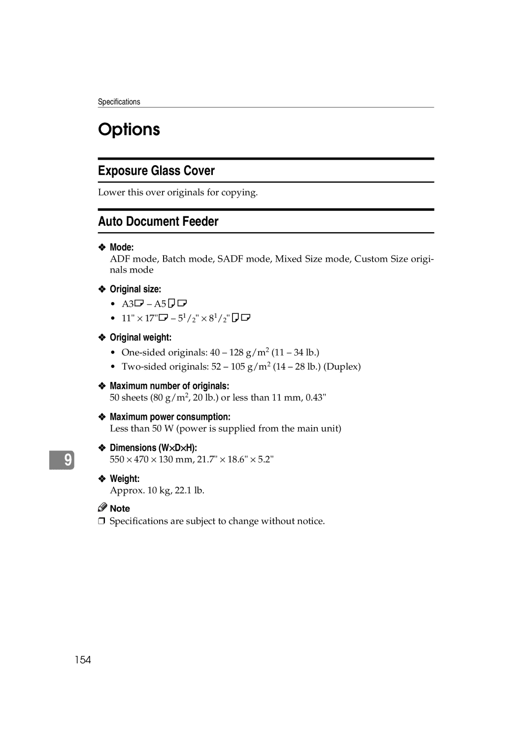 Ricoh DSm622, LD127, LD122, DSm627 specifications Options, Exposure Glass Cover, Auto Document Feeder 