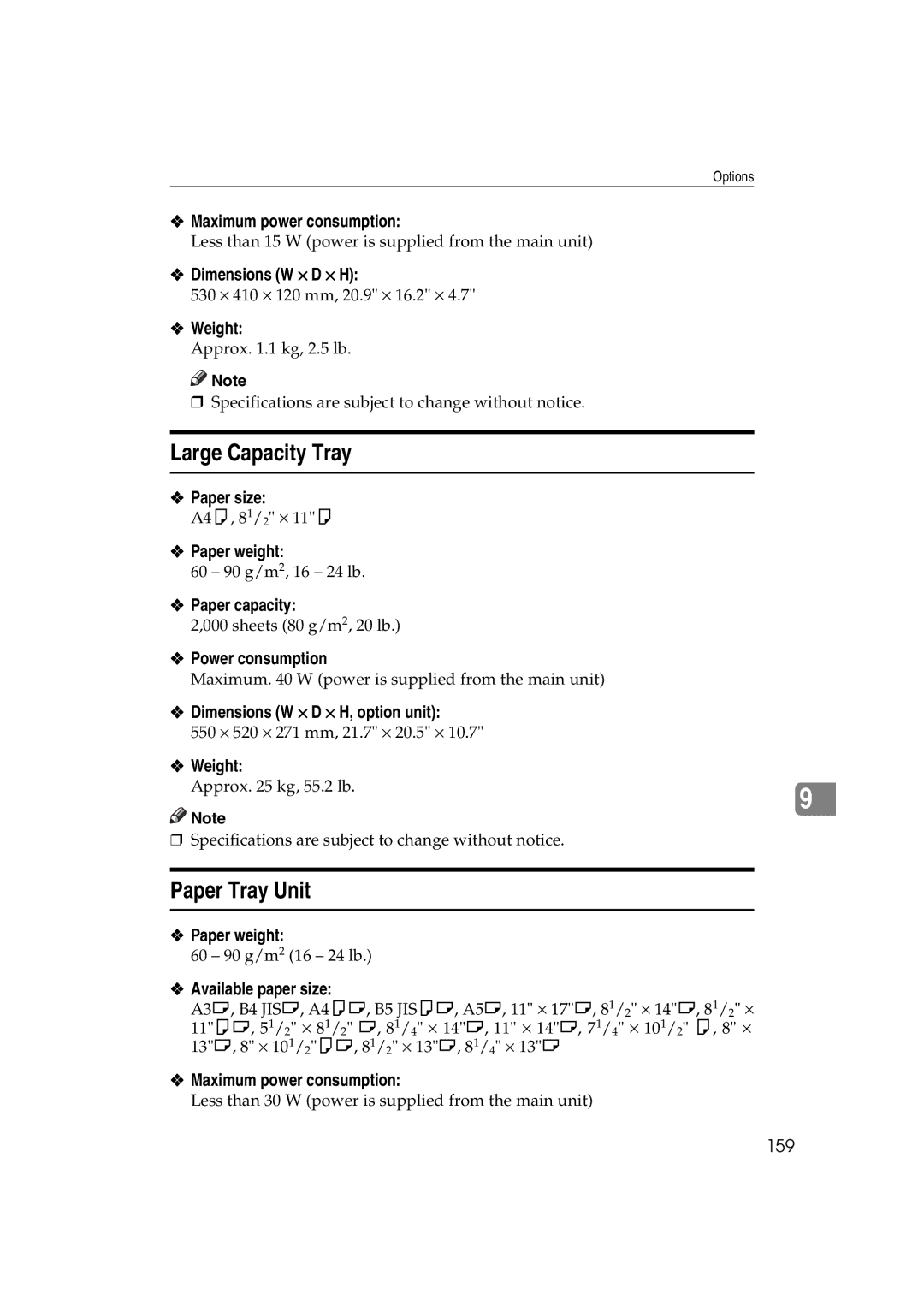 Ricoh DSm627, LD127, LD122, DSm622 specifications Large Capacity Tray, Paper Tray Unit, Dimensions W ⋅ D ⋅ H, option unit, 159 