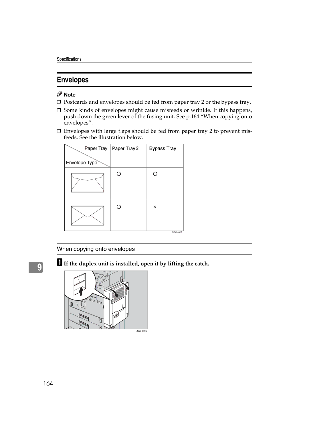 Ricoh LD127, LD122, DSm622, DSm627 specifications Envelopes, When copying onto envelopes, 164 