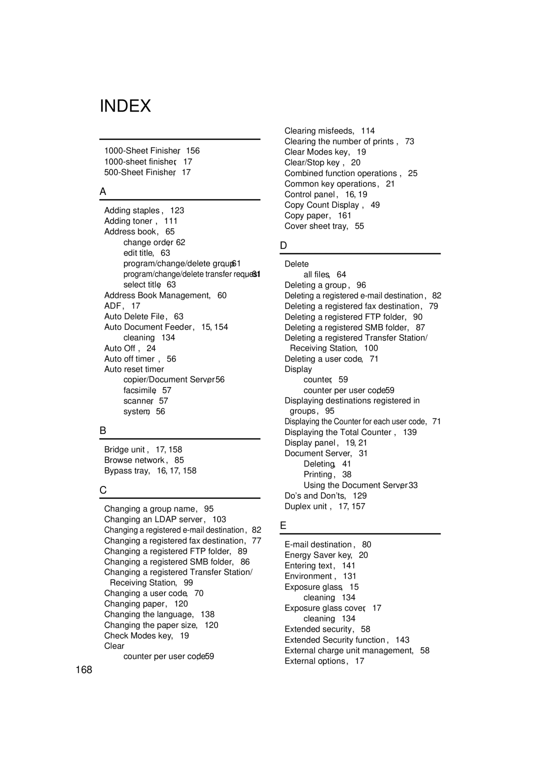 Ricoh LD127, LD122, DSm622, DSm627 specifications Index, 168 