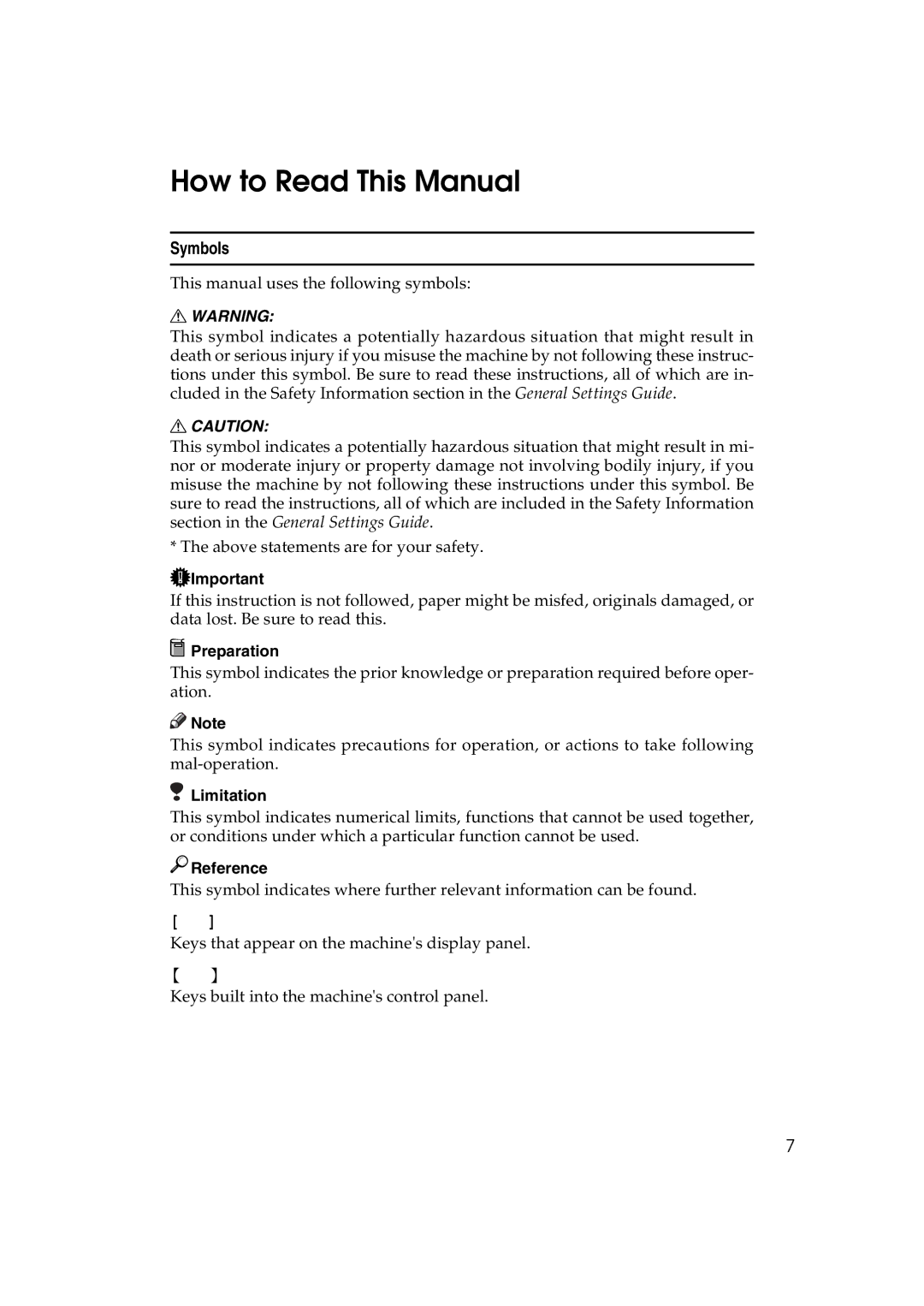 Ricoh DSm627, LD127, LD122, DSm622 specifications How to Read This Manual, Symbols, Preparation, Limitation, Reference 