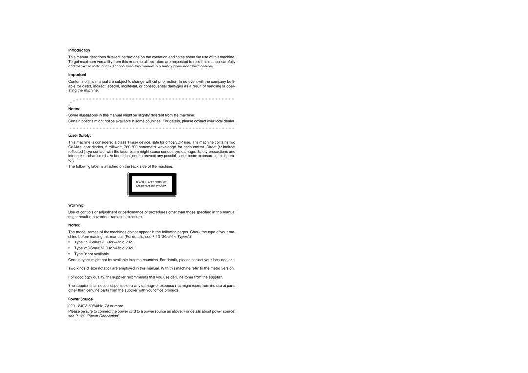 Ricoh DSm622, LD127, LD122, DSm627 specifications Introduction 