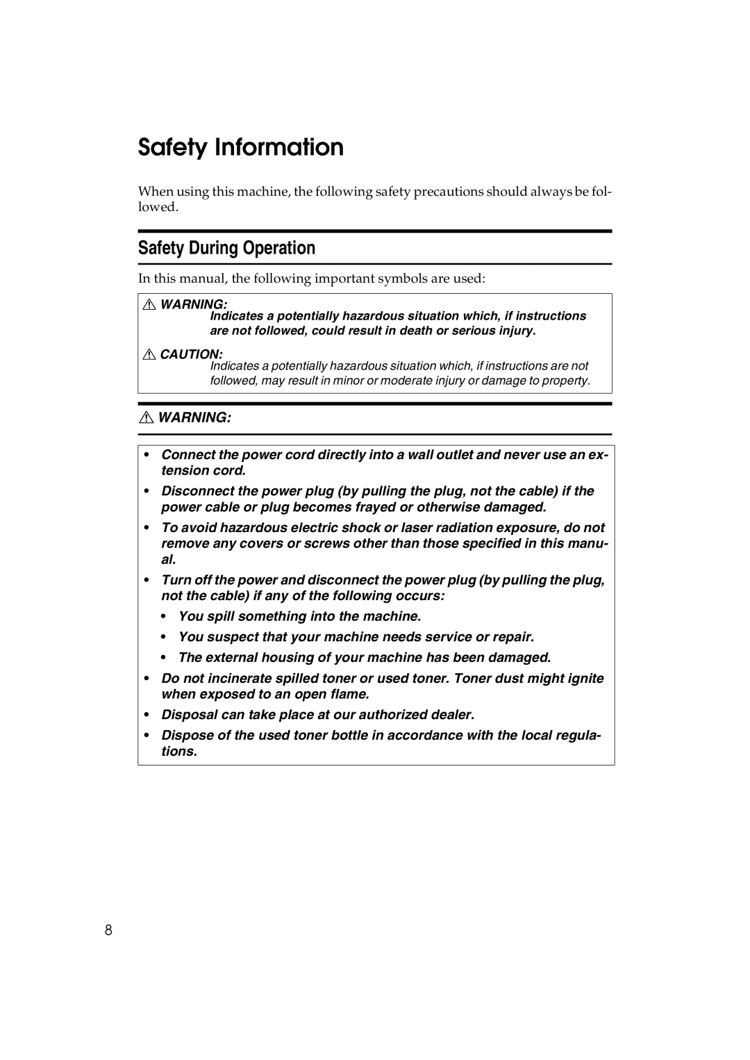 Ricoh LD127, LD122, DSm622, DSm627 specifications Safety Information, Safety During Operation 