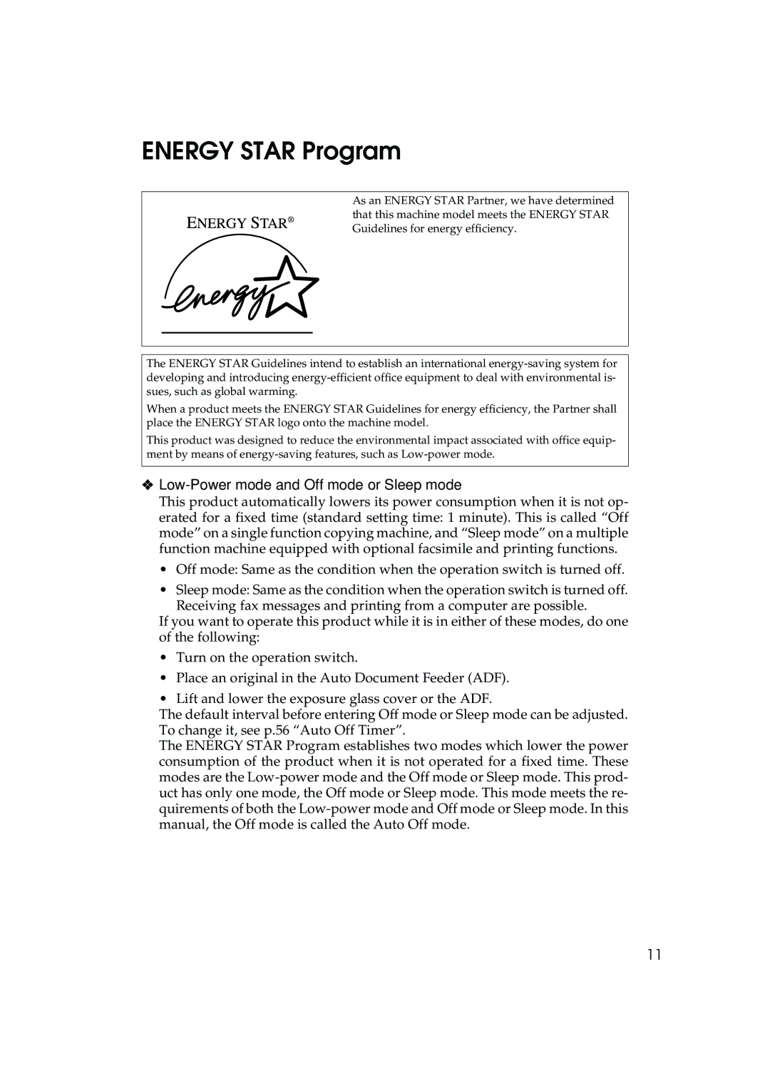 Ricoh DSm627, LD127, LD122, DSm622 specifications Energy Star Program, Low-Power mode and Off mode or Sleep mode 
