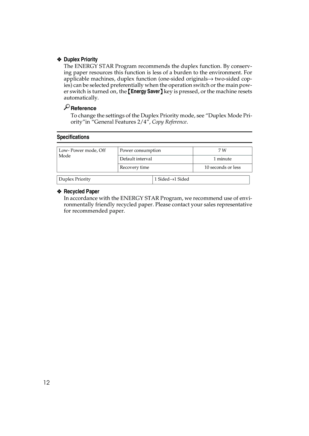 Ricoh LD127, LD122, DSm622, DSm627 specifications Duplex Priority, Specifications, Recycled Paper 