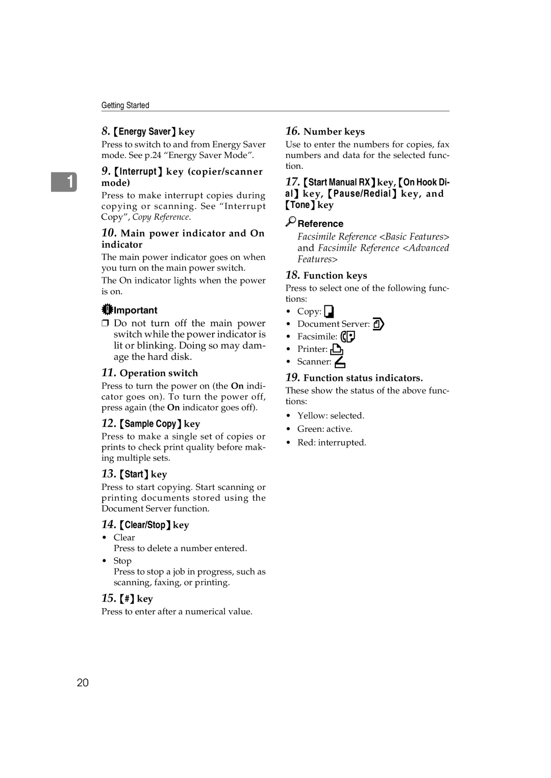 Ricoh LD127, LD122, DSm622, DSm627 specifications Energy Saver key, Sample Copy key, Start key, Clear/Stop key 