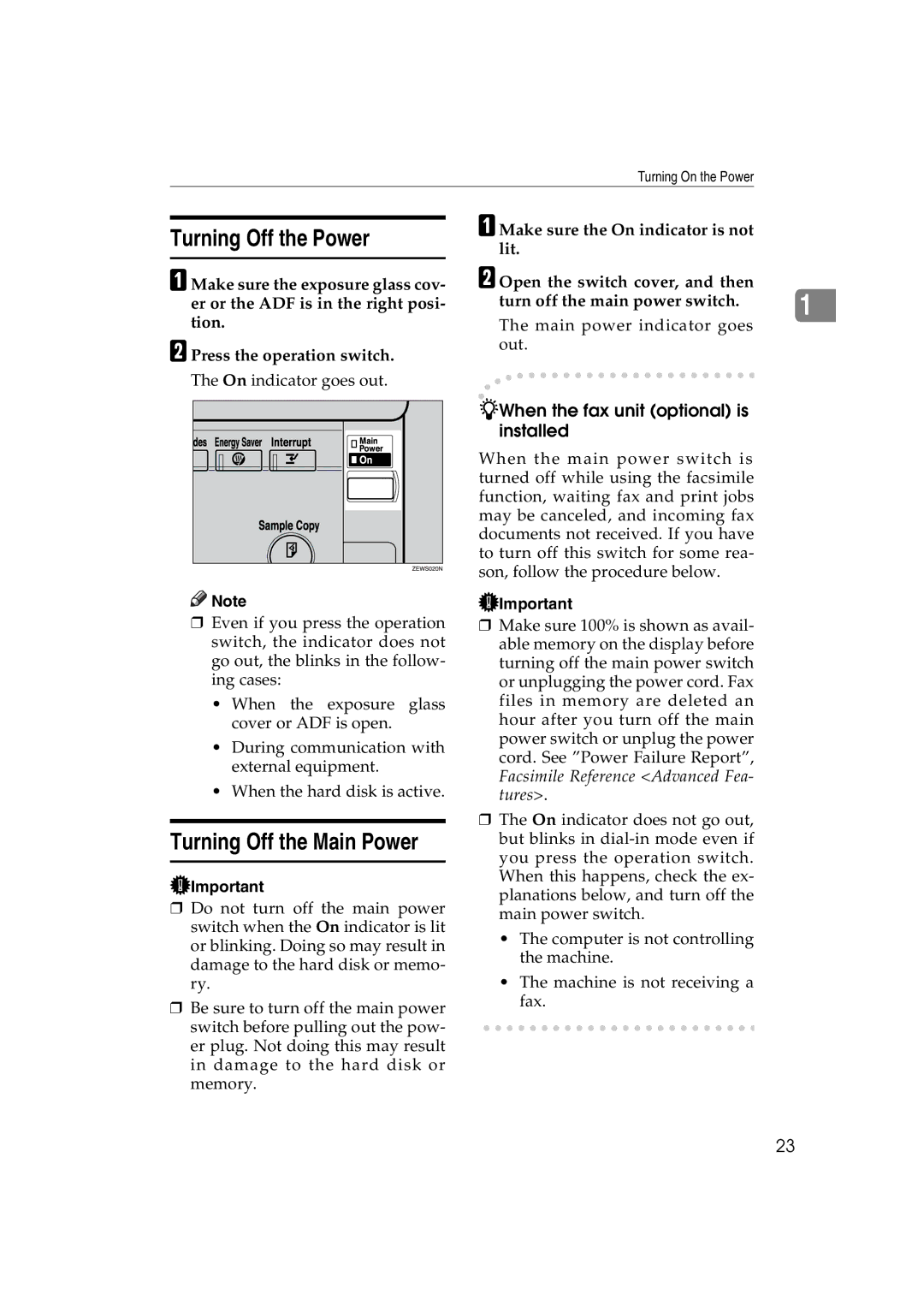 Ricoh DSm627, LD127, LD122 Turning Off the Power, Turning Off the Main Power, When the fax unit optional is installed 