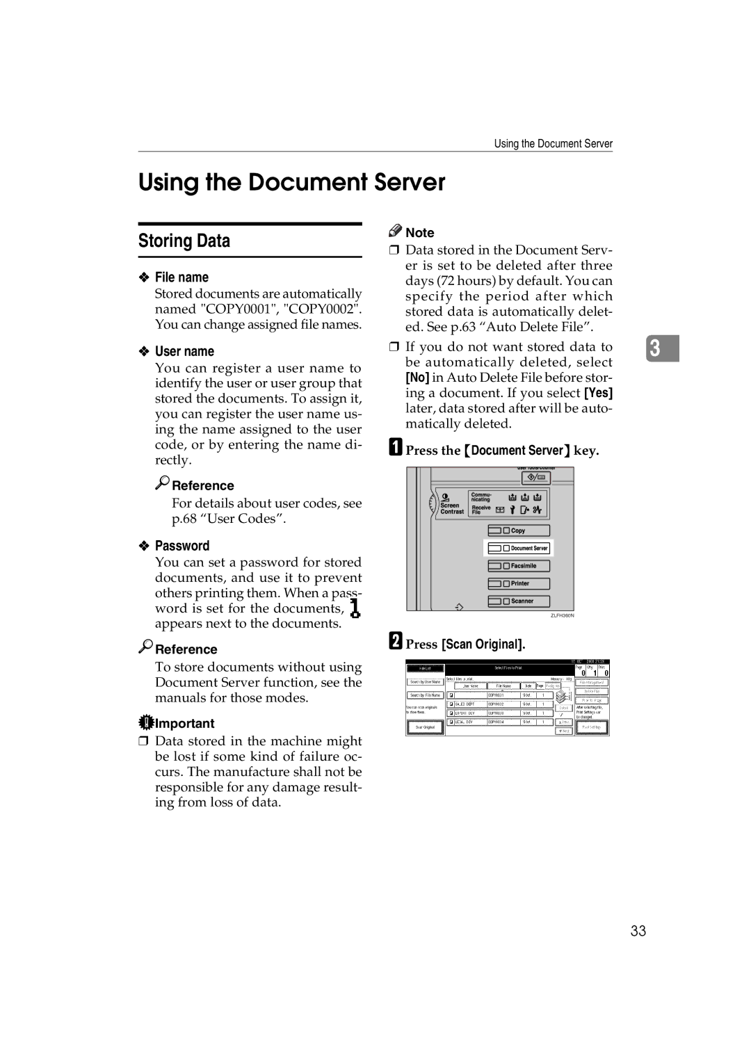 Ricoh LD122, LD127, DSm622, DSm627 specifications Using the Document Server, Storing Data, File name, User name, Password 