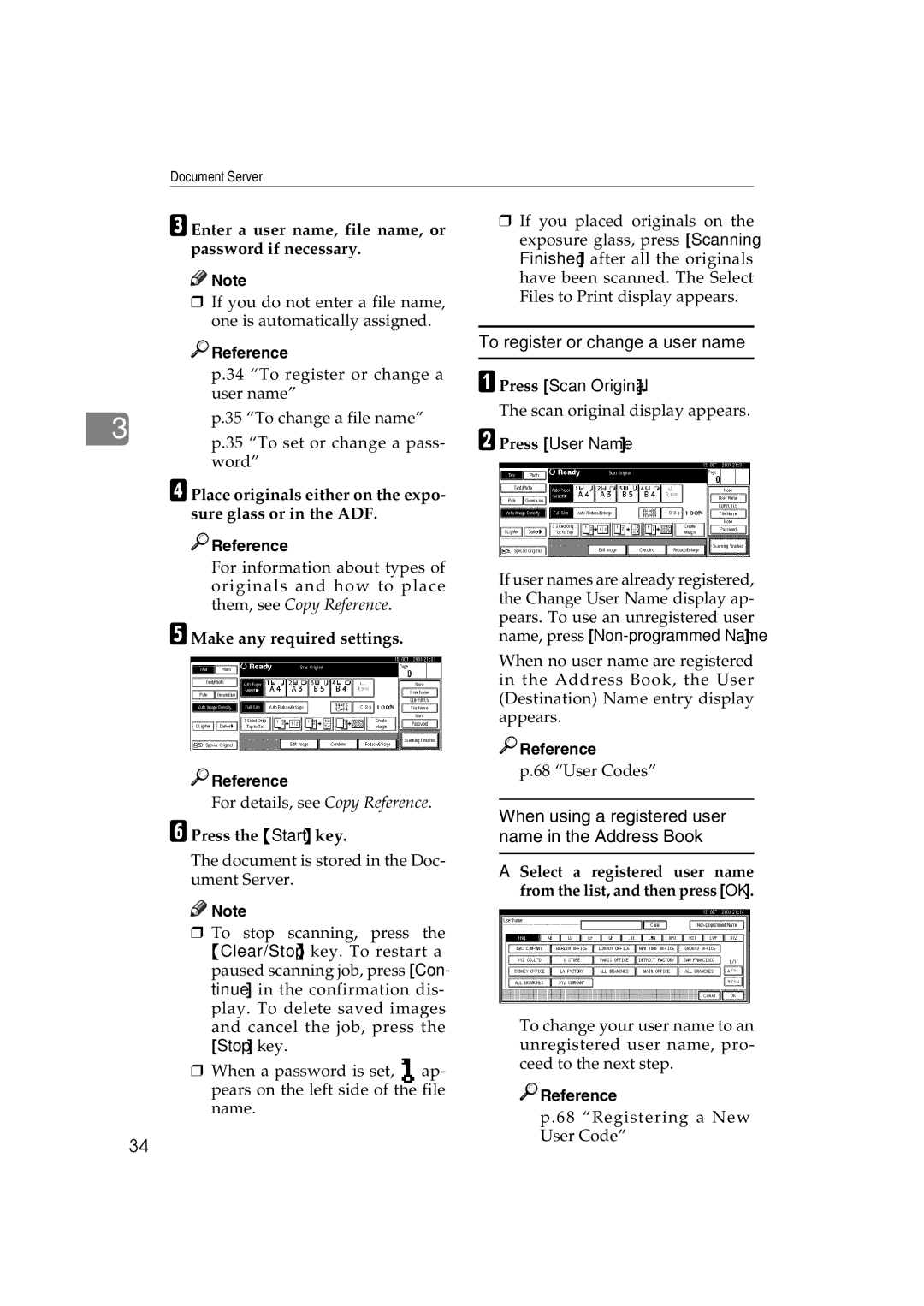 Ricoh DSm622, LD127 To register or change a user name, When using a registered user name in the Address Book, Stop key 