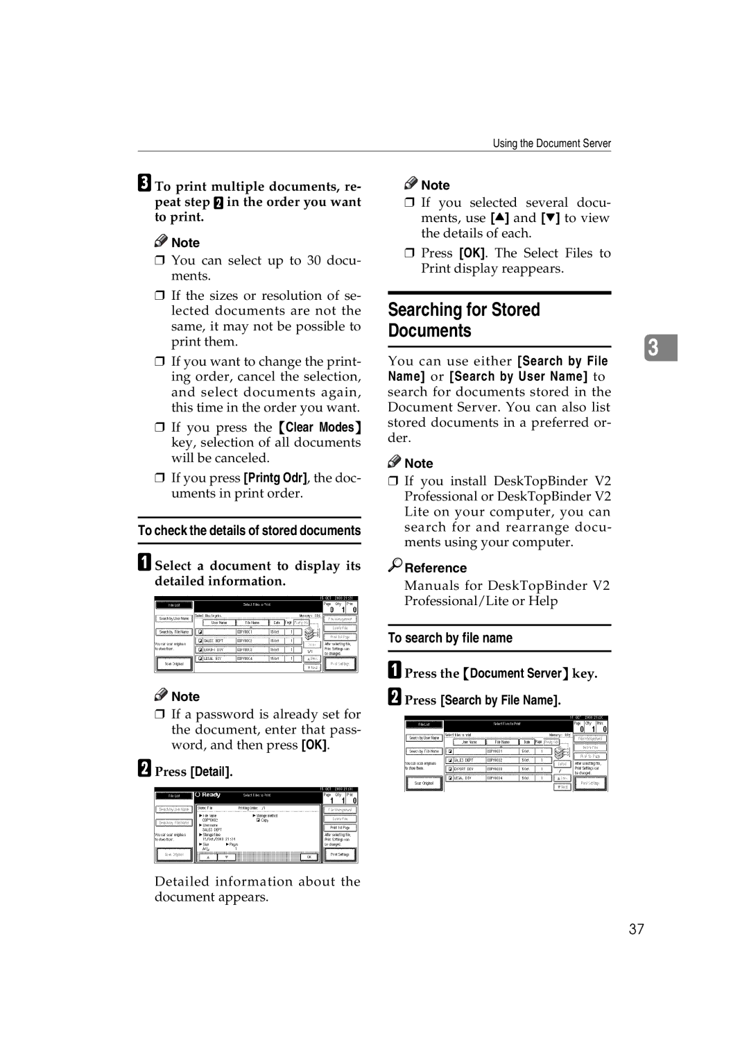 Ricoh LD122 Searching for Stored Documents, To search by file name, Select a document to display its detailed information 