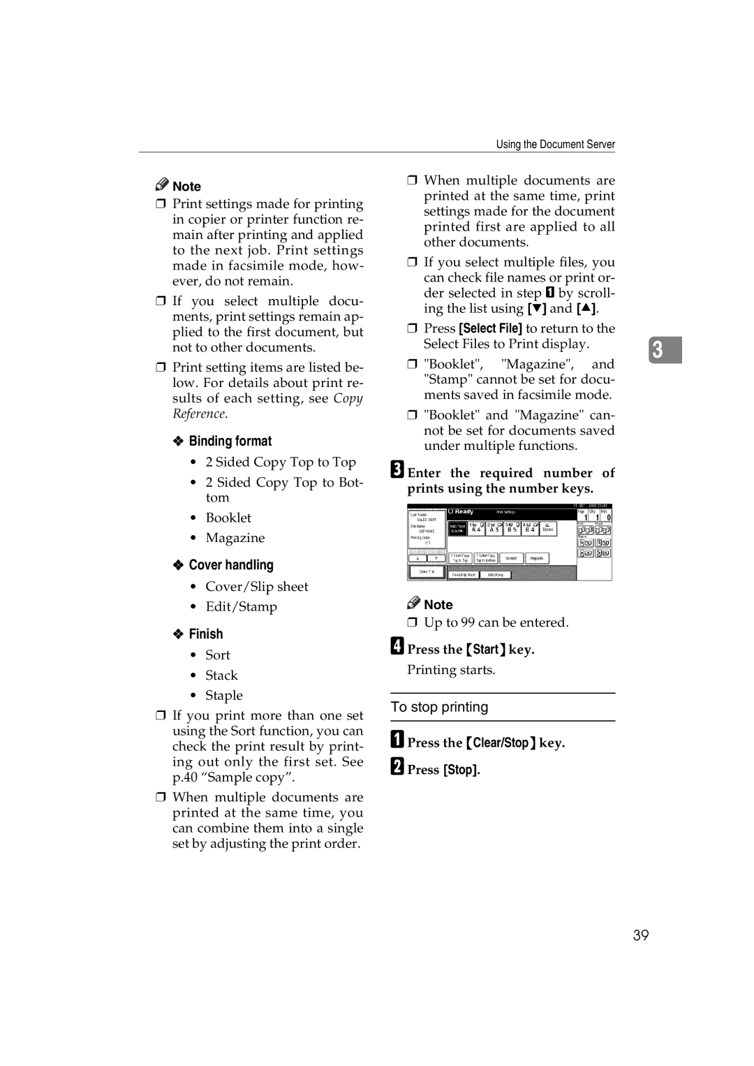 Ricoh DSm627, LD127, LD122, DSm622 specifications Binding format, Cover handling, Finish, To stop printing 