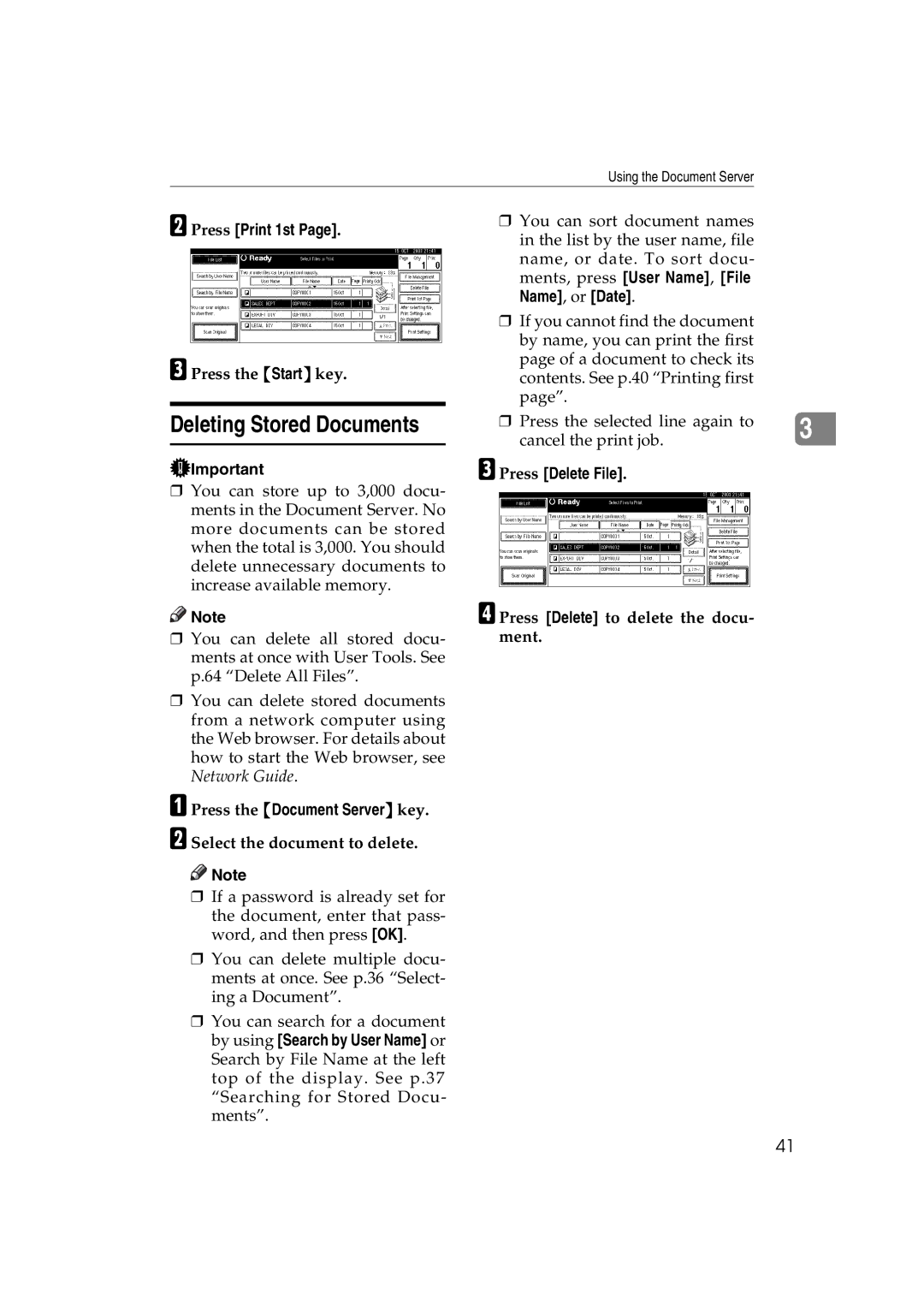 Ricoh LD122, LD127 Deleting Stored Documents, Press Print 1st, Press Delete File, Press Delete to delete the docu- ment 