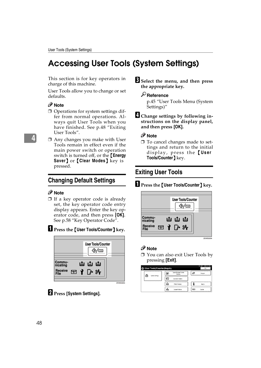 Ricoh LD127, LD122, DSm622, DSm627 Accessing User Tools System Settings, Changing Default Settings, Exiting User Tools 