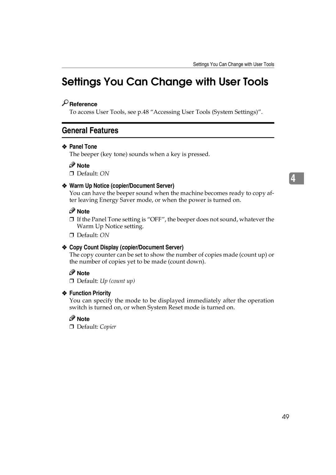 Ricoh LD122, LD127, DSm622, DSm627 specifications Settings You Can Change with User Tools, General Features 