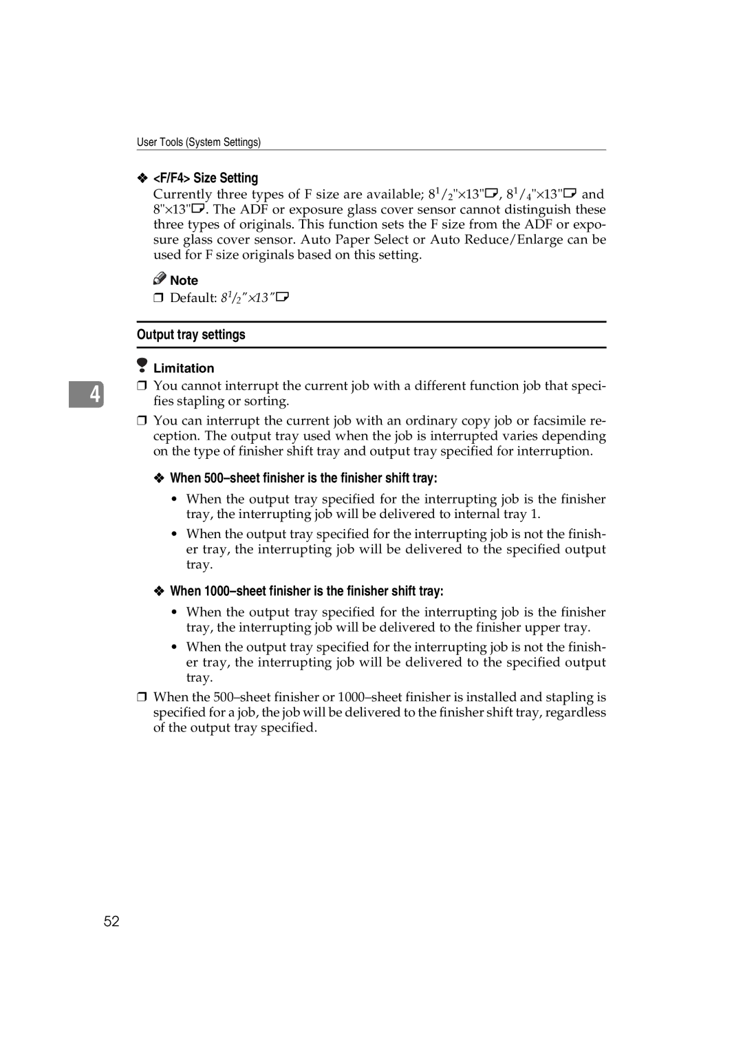 Ricoh LD127, LD122, DSm622, DSm627 F4 Size Setting, Output tray settings, When 500-sheet finisher is the finisher shift tray 