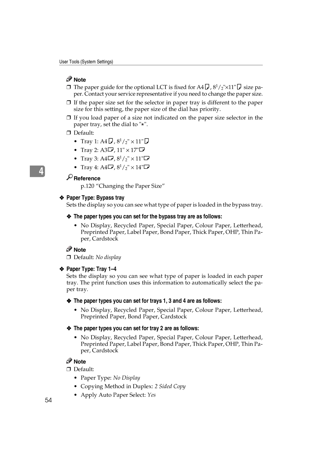 Ricoh DSm622, LD127 Paper Type Bypass tray, Paper types you can set for the bypass tray are as follows, Paper Type Tray 