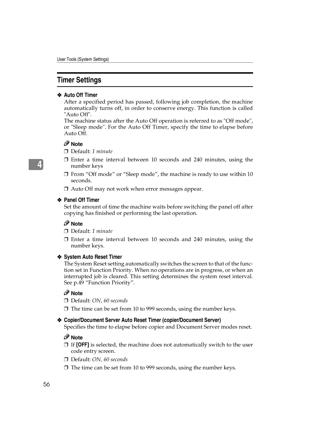 Ricoh LD127, LD122, DSm622, DSm627 specifications Timer Settings, Auto Off Timer, Panel Off Timer, System Auto Reset Timer 