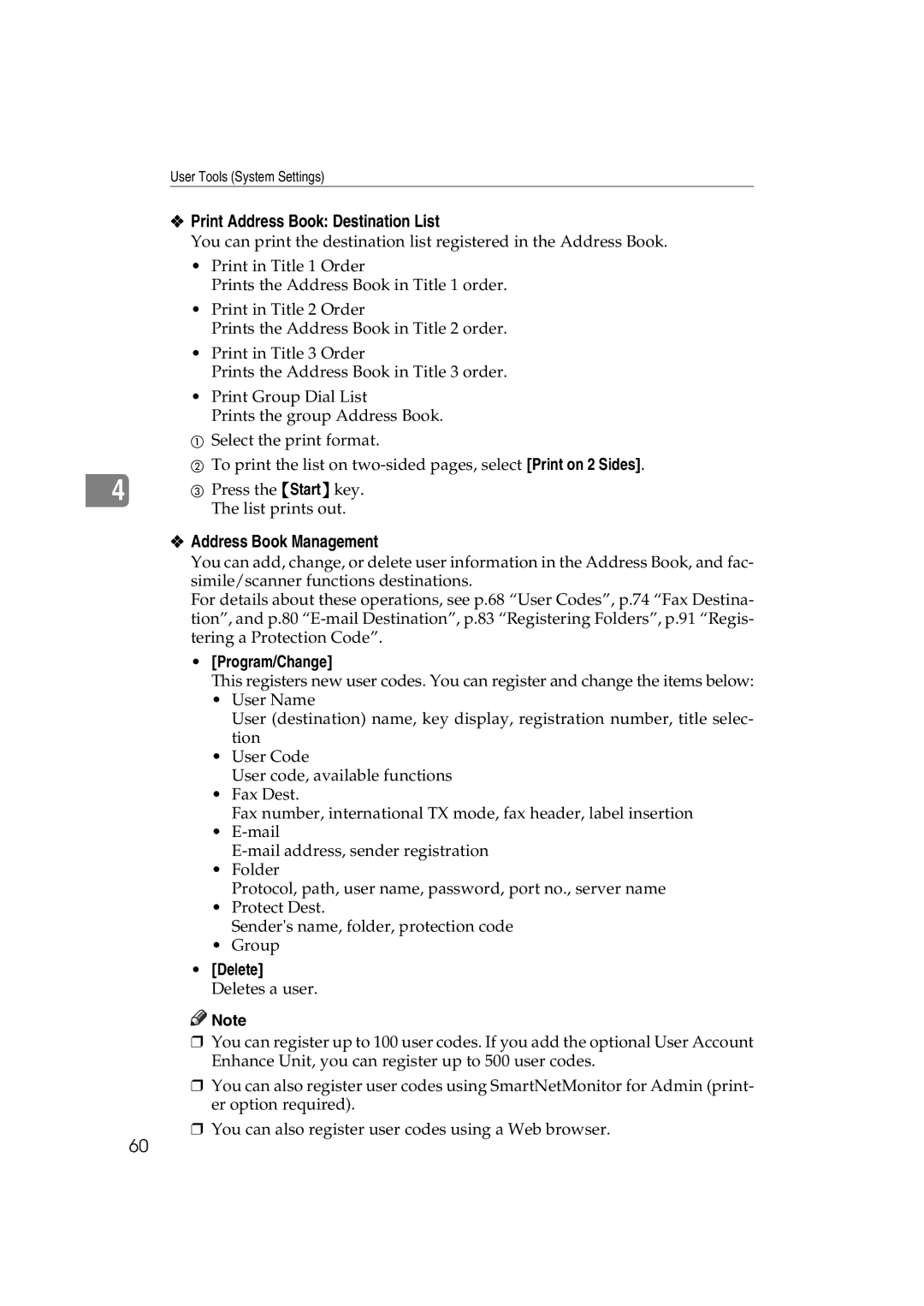 Ricoh LD127, LD122, DSm622, DSm627 Print Address Book Destination List, Address Book Management, Program/Change, Delete 