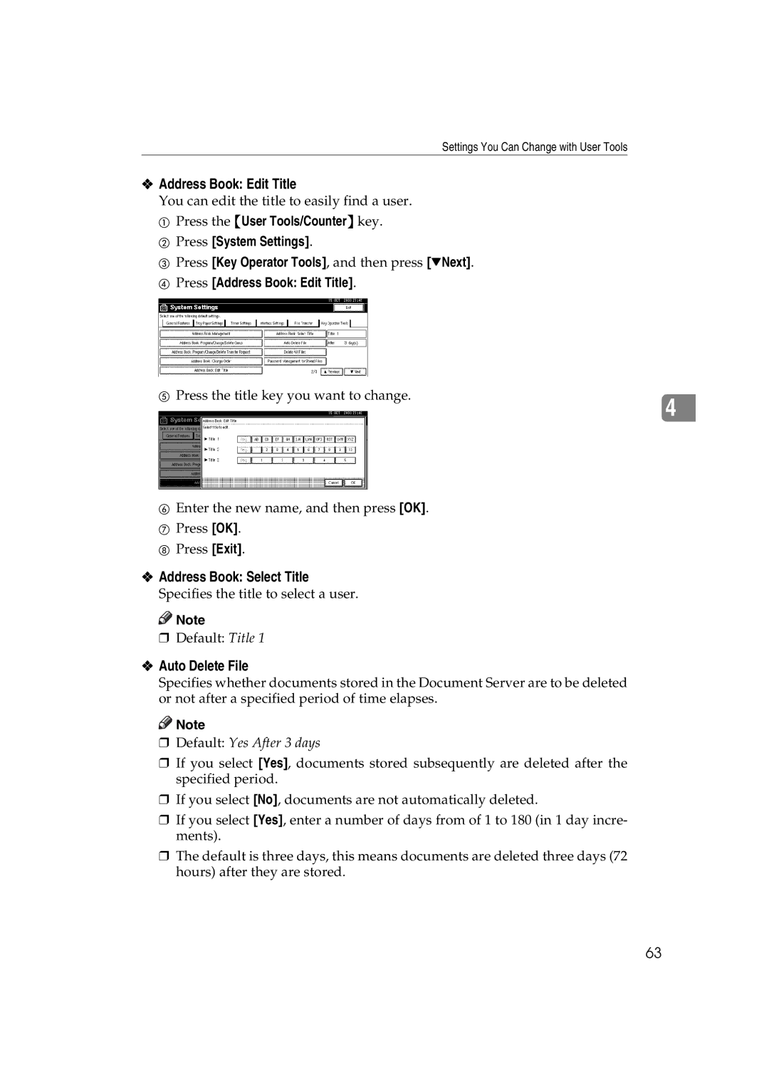 Ricoh DSm627, LD127, LD122, DSm622 specifications Address Book Edit Title, Address Book Select Title, Auto Delete File 