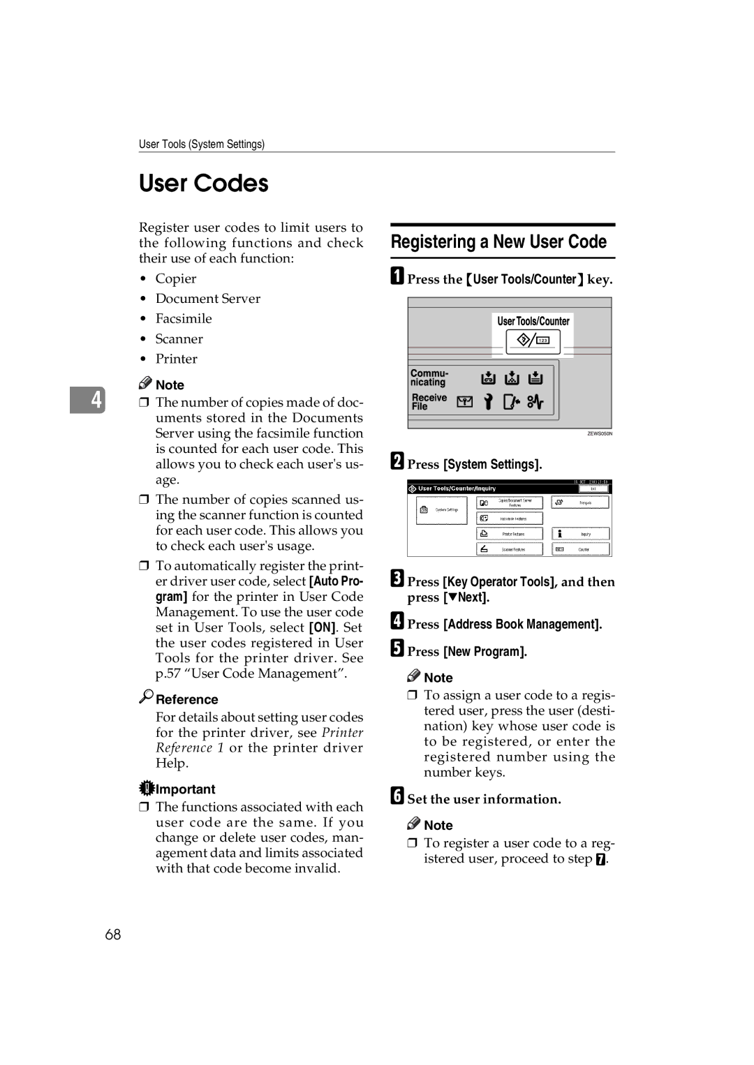 Ricoh LD127, LD122, DSm622, DSm627 specifications User Codes, Registering a New User Code, Set the user information 