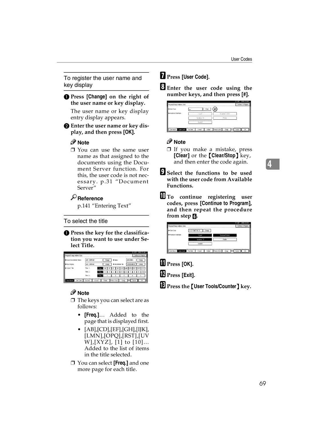 Ricoh LD122 To register the user name and key display, To select the title, Press User Code, Clear or the Clear/Stop key 