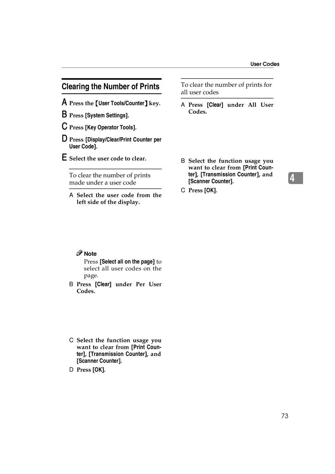 Ricoh LD122, LD127, DSm622, DSm627 Clearing the Number of Prints, To clear the number of prints made under a user code 