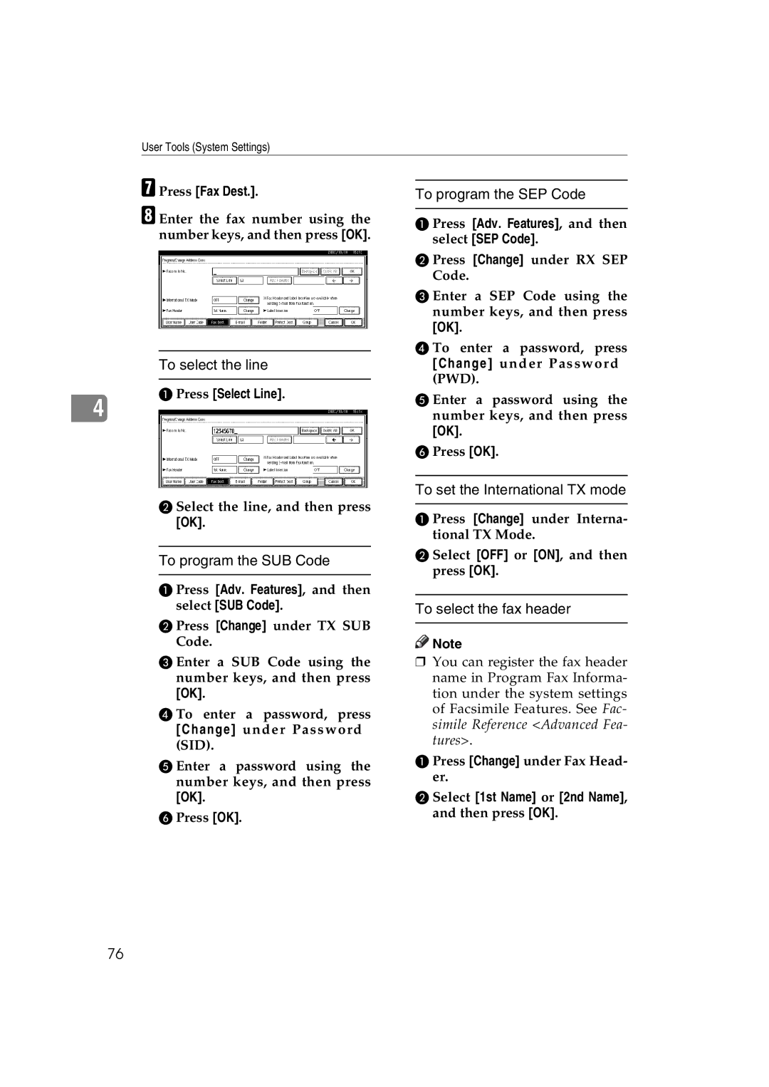 Ricoh LD127, LD122 To select the line, To program the SUB Code, To program the SEP Code, To set the International TX mode 