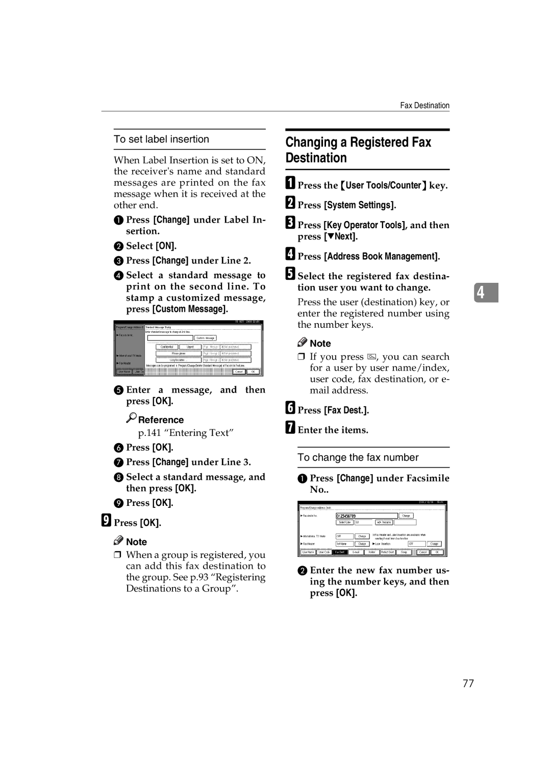 Ricoh LD122 Changing a Registered Fax Destination, To set label insertion, To change the fax number, Enter the items 