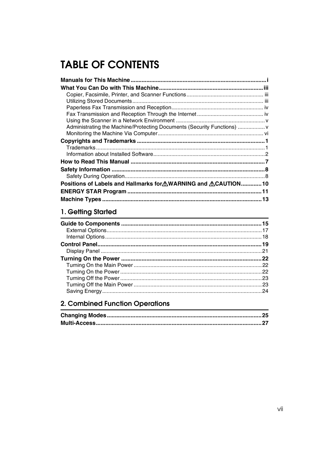 Ricoh LD122, LD127, DSm622, DSm627 specifications Table of Contents 