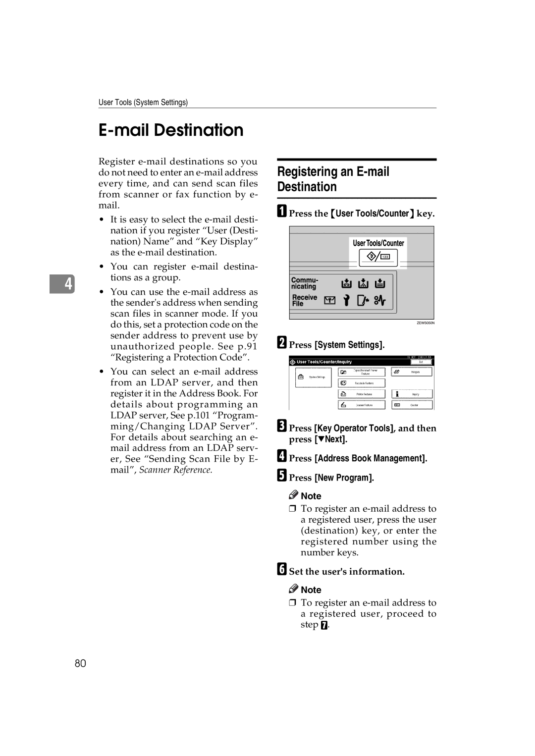 Ricoh LD127, LD122, DSm622, DSm627 specifications Mail Destination, Registering an E-mail Destination 