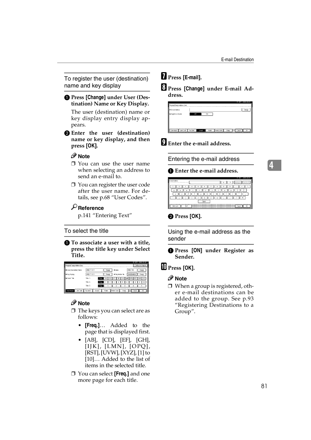 Ricoh LD122, LD127, DSm622, DSm627 Entering the e-mail address, Using the e-mail address as the sender, Press E-mail 