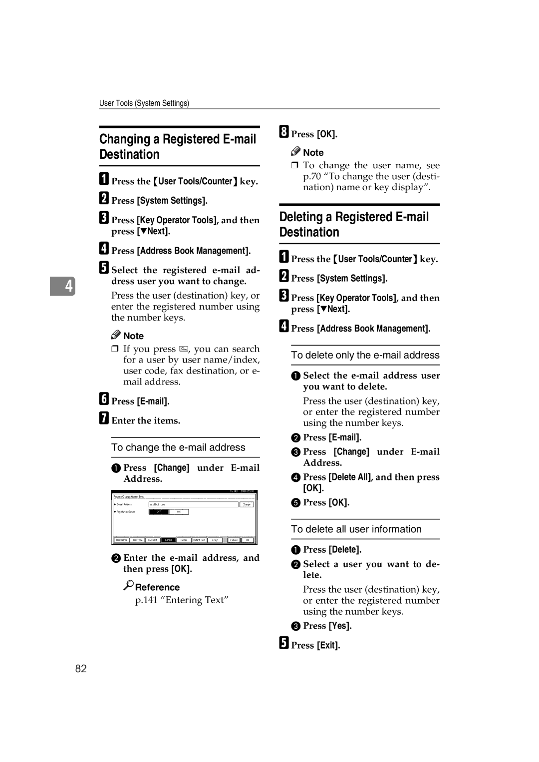 Ricoh DSm622 Deleting a Registered E-mail Destination, To change the e-mail address, To delete only the e-mail address 