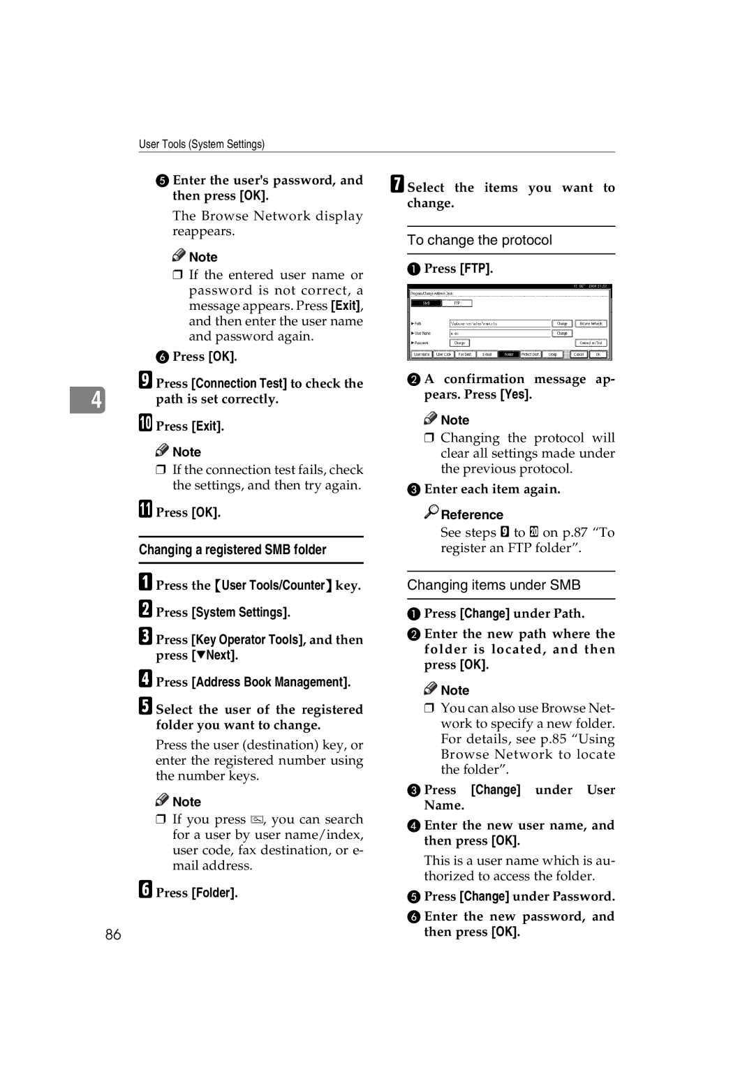 Ricoh DSm622, LD127, LD122, DSm627 Changing a registered SMB folder, To change the protocol, Changing items under SMB 