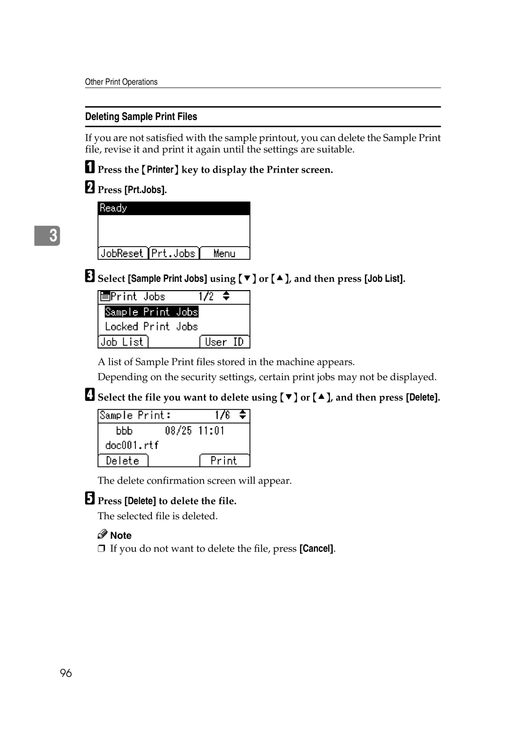 Ricoh SGC 1506, LD215c, GS 106 appendix Deleting Sample Print Files, Press the Printer key to display the Printer screen 