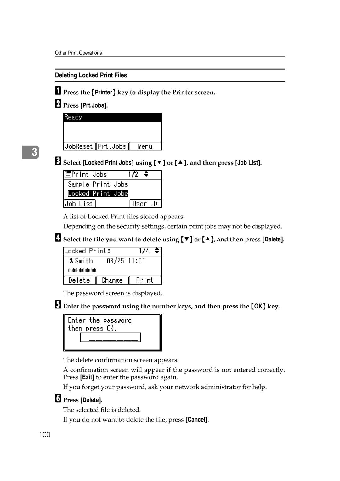 Ricoh LD215c, GS 106, SGC 1506 appendix Deleting Locked Print Files, 100, Press Delete 