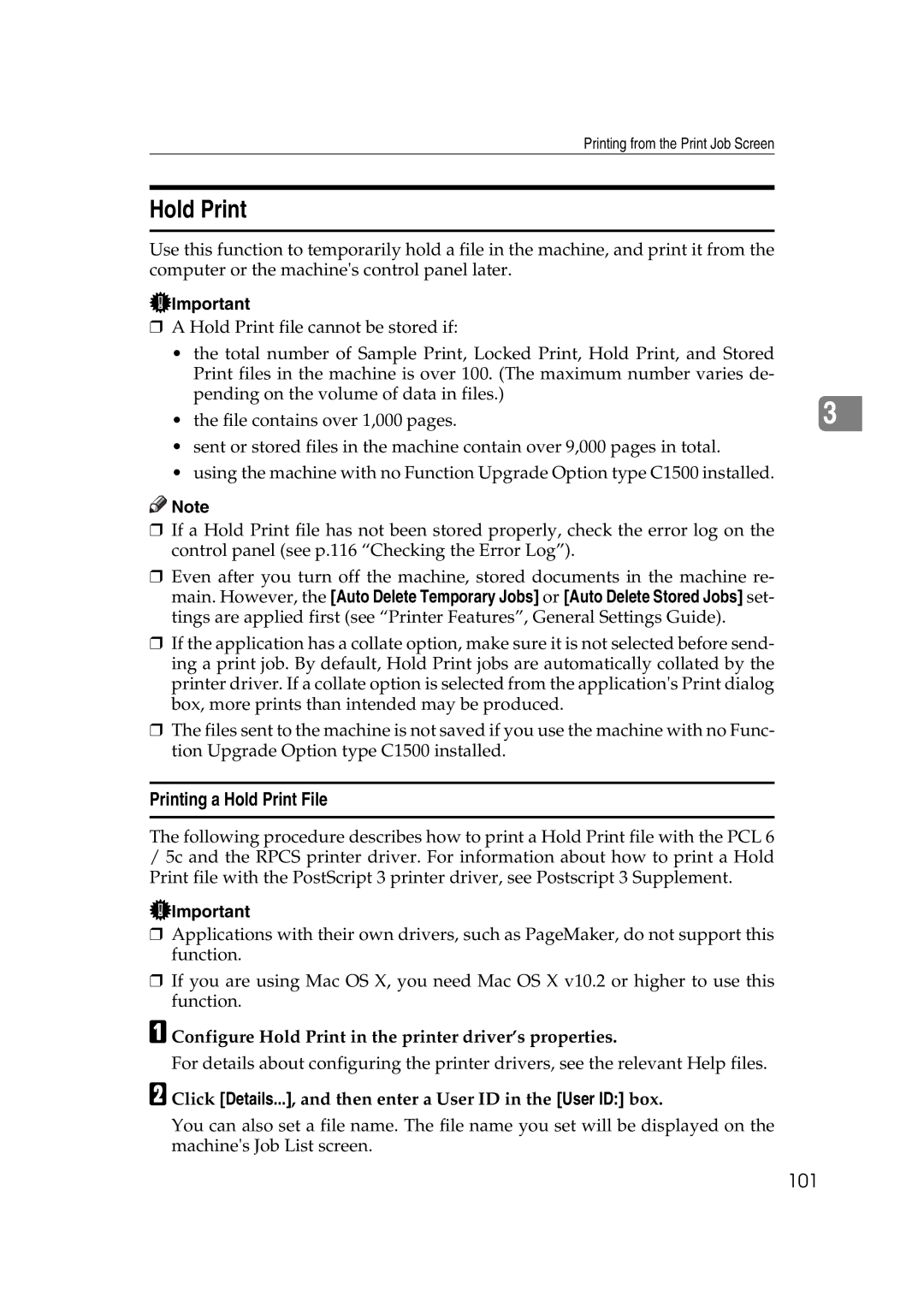 Ricoh GS 106, LD215c, SGC 1506 Printing a Hold Print File, 101, Configure Hold Print in the printer driver’s properties 