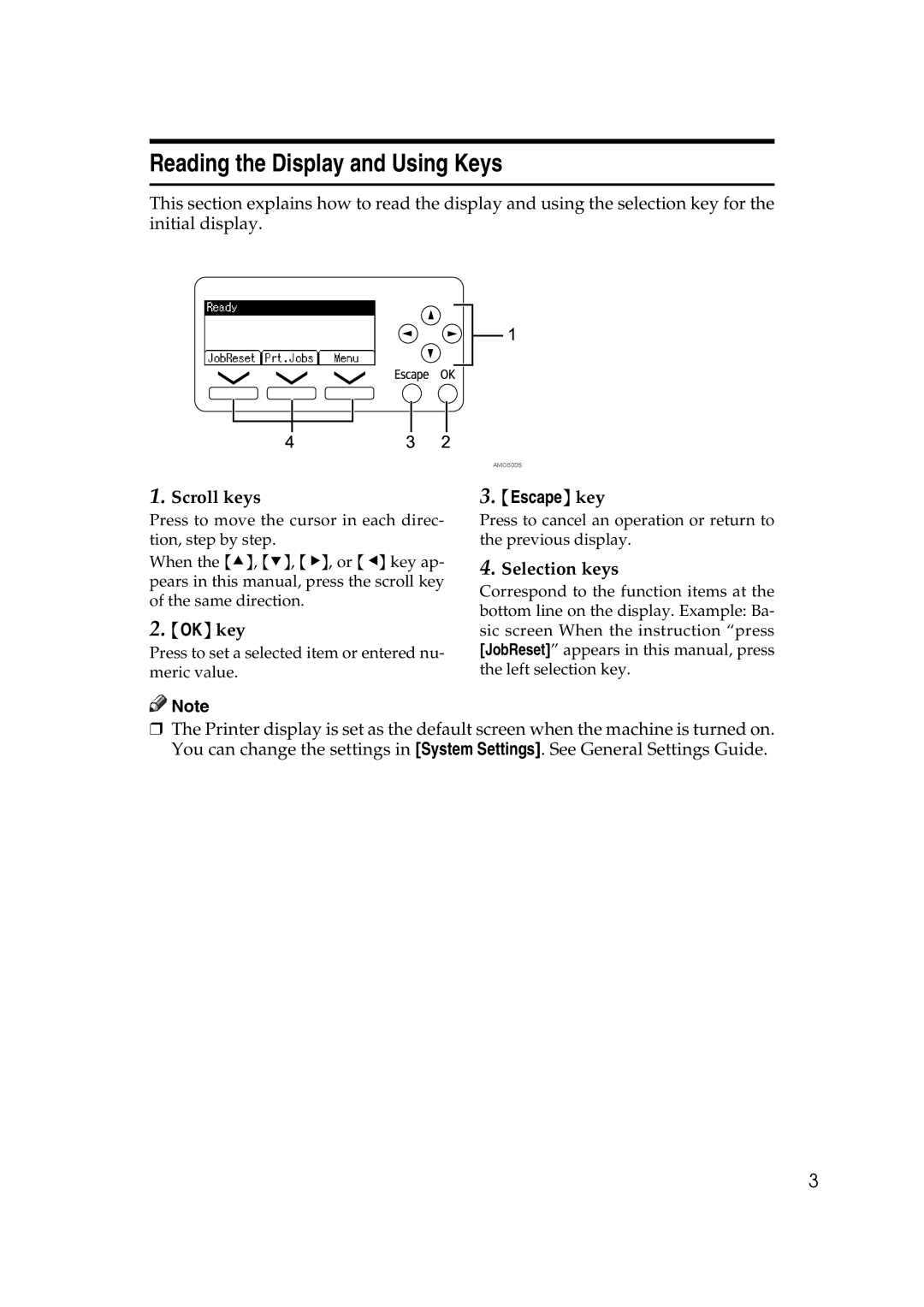 Ricoh SGC 1506, LD215c, GS 106 appendix Reading the Display and Using Keys, Scroll keys, Selection keys 