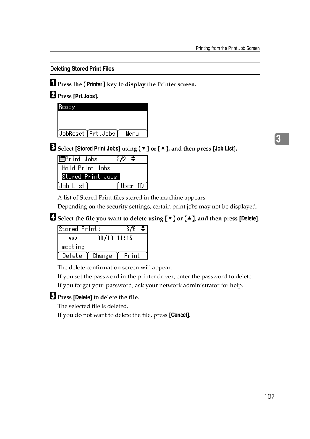 Ricoh GS 106, LD215c, SGC 1506 appendix Deleting Stored Print Files, 107 