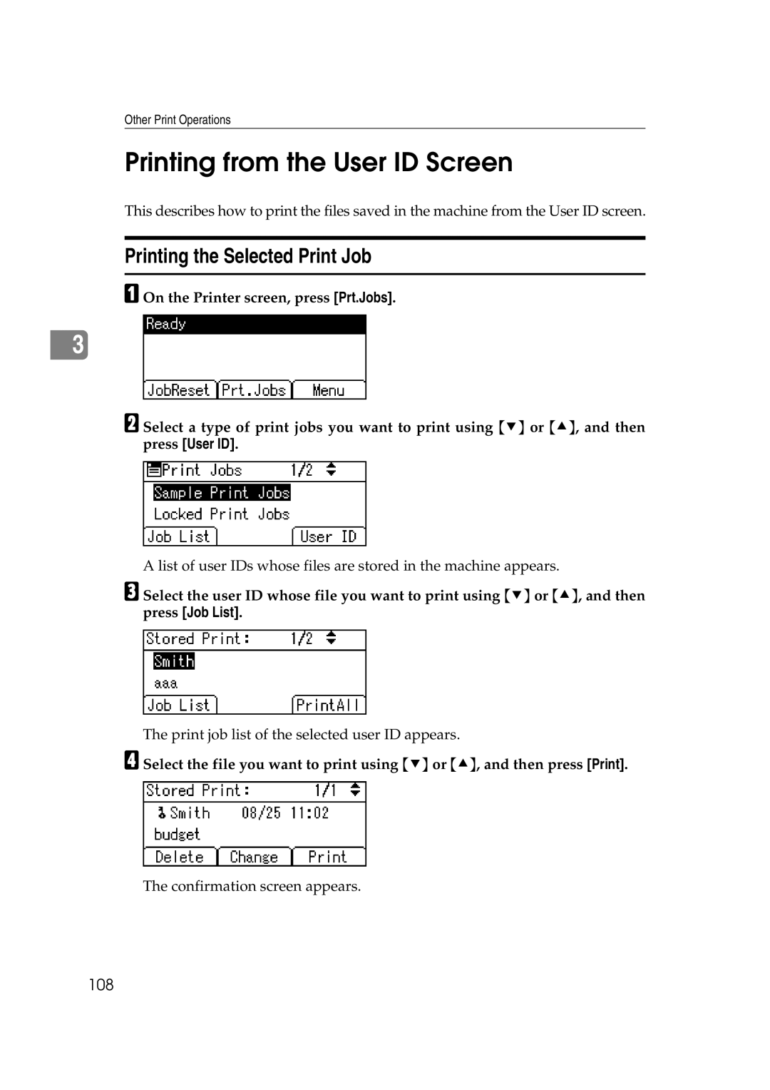 Ricoh SGC 1506, LD215c, GS 106 appendix Printing from the User ID Screen, Printing the Selected Print Job, 108 