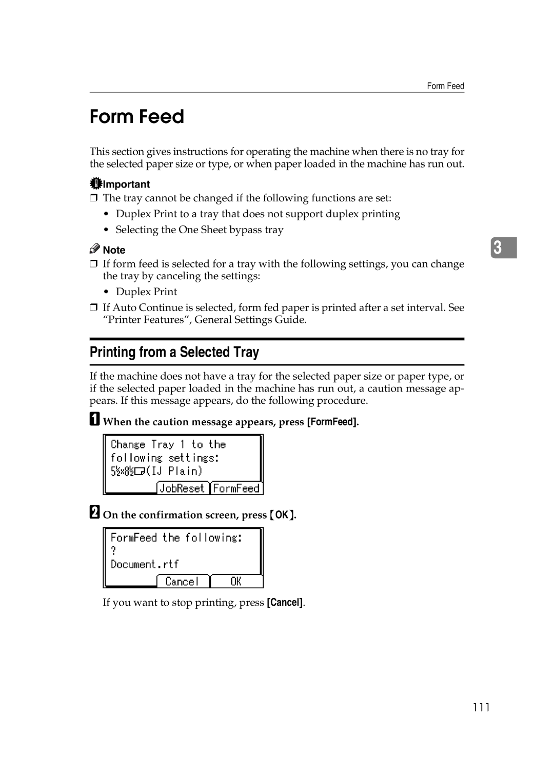 Ricoh SGC 1506, LD215c, GS 106 appendix Form Feed, Printing from a Selected Tray, 111 