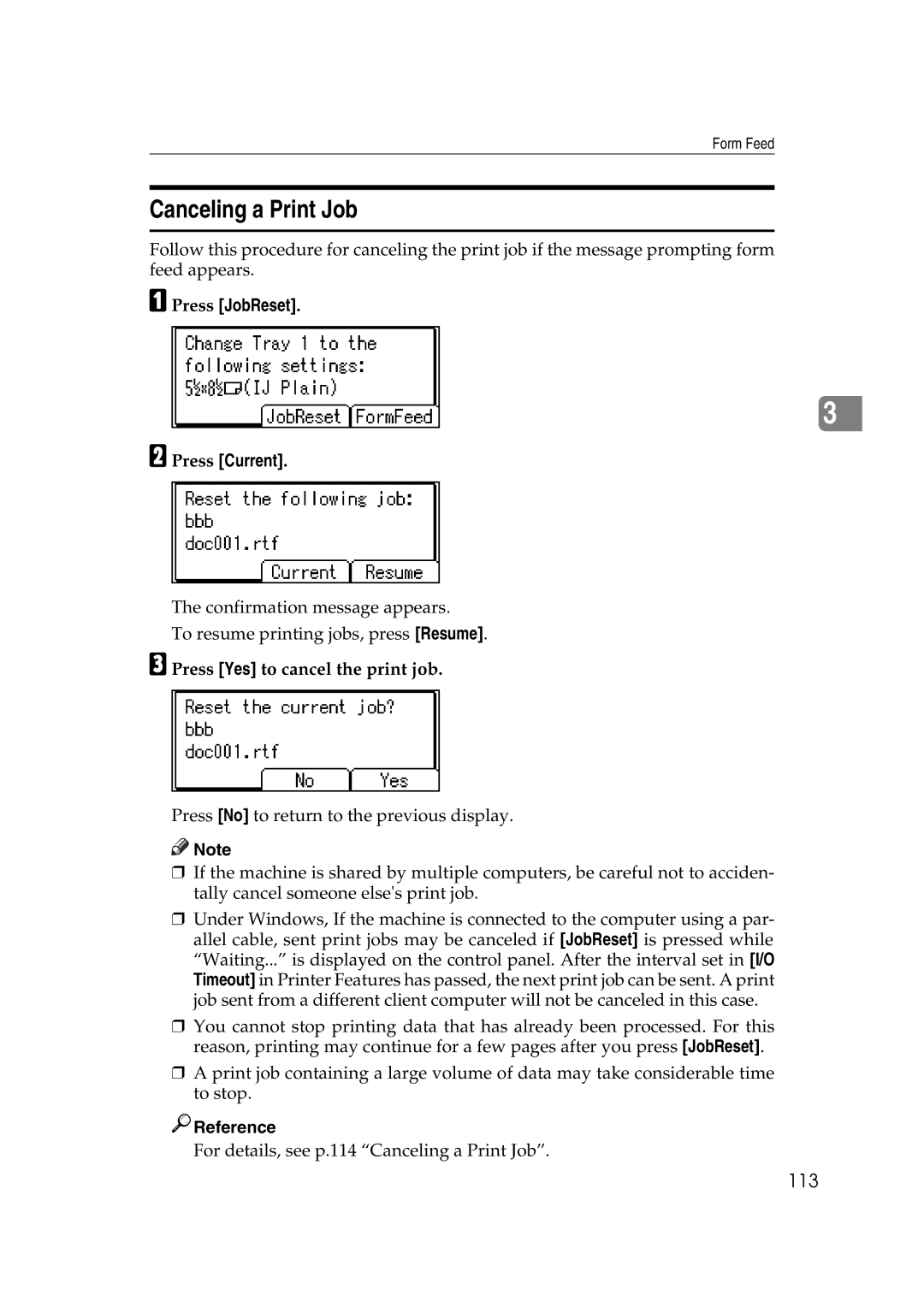 Ricoh GS 106, LD215c, SGC 1506 Canceling a Print Job, 113, Press JobReset Press Current, Press Yes to cancel the print job 