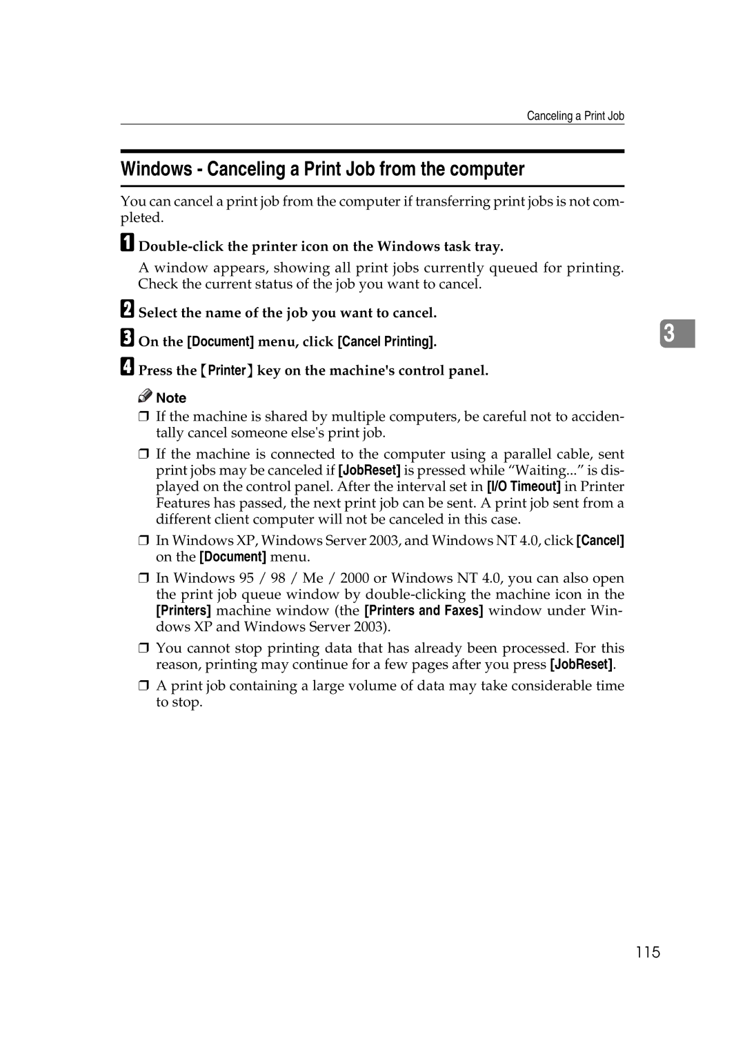 Ricoh LD215c, GS 106 Windows Canceling a Print Job from the computer, 115, On the Document menu, click Cancel Printing 